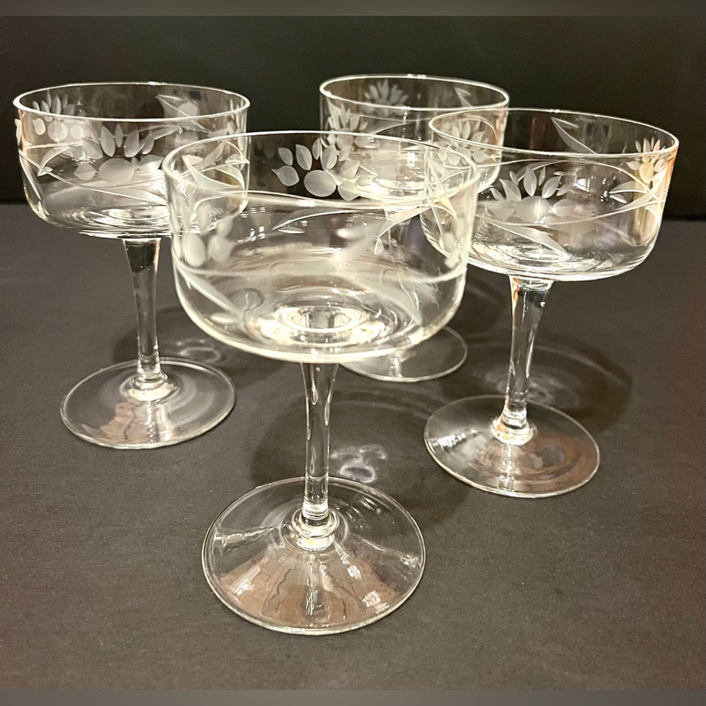 Vintage Etched Crystal Cocktail Glasses, Set of 4